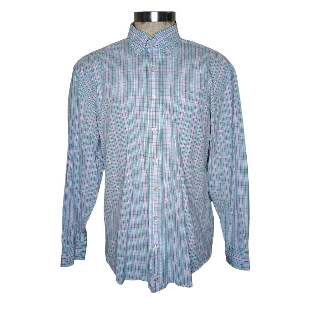 Vineyard Vines Murray Shirt Mens L  Pink Blue Plaid Whale Button Up Long Sleeve